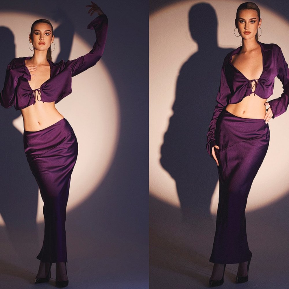 HOUSE OF CB 'Colette' Grape Satin Low Waist Midi Skirt
